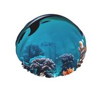 Hermoso gorro de ducha impermeable de doble capa con estampado de delfines del mundo submarino, adecuado para todas las longitudes de cabello (10.6 x 4.3 pulgadas)