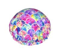 Hermoso gorro de ducha impermeable de doble capa con estampado de sirena de colores arcoíris, para mujeres y hombres, reutilizable, banda elástica