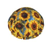 Hermoso gorro de ducha reutilizable con girasoles para mujer, doble capa impermeable, esencial para el tratamiento del cabello