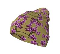 Hermoso gorro de punto con estampado de orquídeas, cálido, sin alas, elástico, adecuado para el hogar o actividades al aire libre, color negro