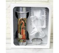 Hermoso hecho a mano 5 piezas de color plateado Guadalupe Foil bautismo conchas vela Set Favors Girl Boy White Set de Bautizo Espanol Nina Nino Bautismo Comunión Encaje caja de regalo