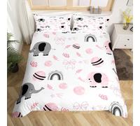 Hermoso juego de funda nórdica de elefante tamaño M, dibujos animados Wild Animal Leaves Reversible Quilt Cover con 1 funda de almohada, Kawaii Rainbow Bowknot Planetas Juego de ropa de cama
