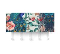 Hermoso llavero de pared con diseño de flores de pavo real, colgador adhesivo para llaves, color blanco con 5 ganchos, sin necesidad de taladrar, organizador de cadena para sala de estar, puerta prin