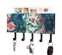 Hermoso llavero de pared con diseño de flores de pavo real, colgador adhesivo para llaves, color negro con 5 ganchos, sin necesidad de taladrar, organizador de cadena para sala de estar, puerta princ