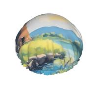 Hermoso molino de viento de río Gorro de ducha doble impermeable para mujer, gorro de ducha para baño y hogar, gorro de ducha reutilizable, gorro de ducha para mujer,