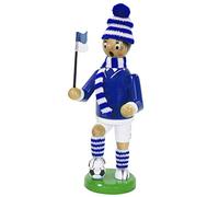 Hermoso muñeco fumador „futbolista“ en madera tallado a mano, Altura aprox. 20 cm. Azul y blanco