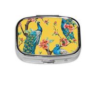 Hermoso organizador de píldoras con estampado de pavo real, pastillero de viaje, mini pastillero cuadrado, 2 compartimentos