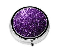 Hermoso pastillero con estampado de purpurina morada, mini pastillero redondo, pastillero portátil, organizador de medicamentos de viaje