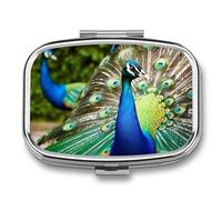 Hermoso pastillero cuadrado con diseño de pavo real, portátil, organizador de vitaminas para bolsillo