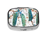 Hermoso pastillero cuadrado con estampado de flores de pavo real, pastillero de 2 compartimentos, pastillero portátil para viajes en casa