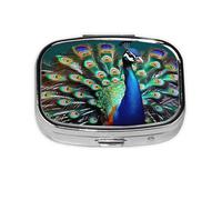 Hermoso pastillero cuadrado con estampado de pavo real, pastillero de 2 compartimentos, pastillero portátil para viajes en casa