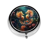 Hermoso pastillero redondo de caballitos de mar, ligero y portátil, con 3 insertos de plástico, adecuado para llevar en bolsillos o carteras.