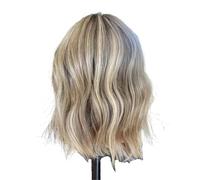 Hermoso Peluca corta bob ondulada sin pegamento con reflejos rubio ceniza y fibra resistente al calor for mujer, 13x4(14inches)
