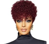 Hermoso Peluca corta roja vino for mujer, rollo pequeño esponjoso natural, personalidad retro, estilo de uso diario