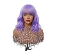 Hermoso Peluca de pelo sintético Bob púrpura claro con flequillo pelucas Cosplay onduladas cortas for mujeres, alta temperatura