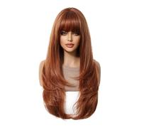 Hermoso Peluca rizada sintética marrón cobre larga pelucas castañas con flequillo pelo liso en capas resistente al calor