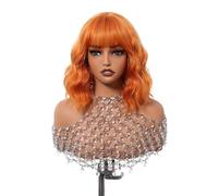 Hermoso Peluca sintética naranja con flequillo, pelucas Bob naturales onda de agua corta, utiliza fibra resistente al calor