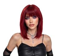 Hermoso Pelucas cortas y rectas de Bob for mujer, peluca sintética color rojo vino burdeos con flequillo resistente al calor