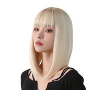 Hermoso Pelucas cortas y rectas de platino, peluca sintética natural con degradado rubio for mujeres flequillo