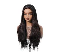 Hermoso Pelucas sintéticas largas y onduladas de color marrón oscuro for mujer, peluca fibra resistente al calor con pelo rizado parte media