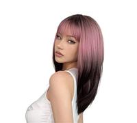 Hermoso Pelucas sintéticas ombré de color negro y rosa con flequillo, peluca larga recta en capas for fiesta Cosplay, fibra resistente al calor