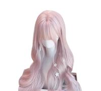 Hermoso Pelucas sintéticas onduladas de color rosa con flequillo, peluca en capas pelo largo y rizado for uso diario