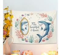 Hermoso tapiz de pared de tiburón, decoración de océano coral con diseño de espejo, tapiz estético para sala de estar, dormitorio, tema de playa, 40 x 30 pulgadas