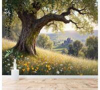 Hermoso Un Viejo Roble En El Prado Flores Silvestres Y Vistas De Un Castillo En La Lejanía Papel Pintado 3D Seda Texturizada Primera Calidad Neutros Material Ideal Para SalóN Dormitorio-300cm×210cm
