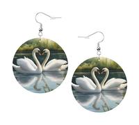 Hermosos aretes redondos con estampado de cisnes blancos en el lago para mujer, 1 par de aretes perforados de cuero ligero, joyería de moda para mujeres y niñas, One Size, Poliéster