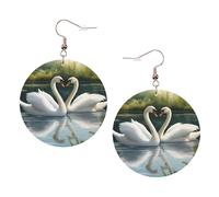Hermosos aretes redondos con estampado de cisnes blancos en el lago para mujer, 1 par de aretes perforados de cuero ligero, joyería de moda para mujeres y niñas, One Size, Poliéster
