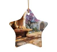 Hermosos dijes de Navidad de ciudad de cuento de hadas, dije de Navidad de cerámica de doble cara para manualidades, adorno decorativo de Navidad con cordón dorado