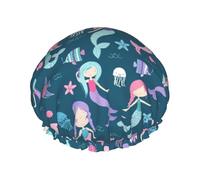 Hermosos gorros de ducha reutilizables con estampado de sirena para mujer, pelo largo, gorro de ducha de doble capa