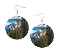 Hermosos pendientes de cuero del parque nacional de Yosemite - Pendientes redondos de piel de PVC impresos de doble cara con ganchos chapados en plata 925, talla única, plata de ley, piedra dorada