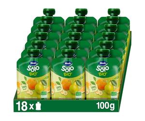 Hero Solo - Gourde Bio De Banane, Poire et Orange - Puree de Fruits BIO 100% Naturels, Compote Sans Sucre Ajouté, Sans Gluten - pour Bébés Dès 4 Mois - Lot de 18 X 100 g