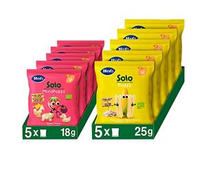 Hero Solo Snacks Infantiles Ecológicos, con Ingredientes Naturales, Sanos y Saludables - 5 Snacks de Fresitas y 5 Snacks de Maíz y Avena - Total 10 Bolsitas