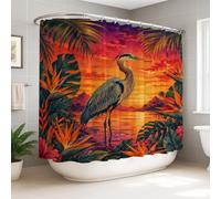 Heron - Cortina de ducha extra ancha, diseño de pájaro del paraíso tropical, hojas de palma, color naranja de verano, lavable, con ganchos, cortinas de tela para baño, dormitorio, 274 x 183 cm