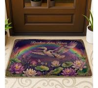 Heron - Tapete de bienvenida para puerta, diseño artístico de lirio de agua, arcoíris, primavera, violeta, lavable, de perfil bajo, decoración del hogar para entrada, porche al aire libre, balcón, 29