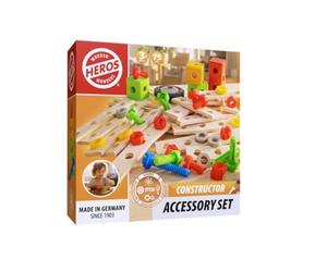 HEROS Constructor HE0027 - Zubehör-Set 75 Teile - Erweiterungsset für Constructor Holz-Konstruktionsspielzeug, mit Holzbauteilen, Schrauben, Rädern und Muttern, FSC®-Zertifiziert, Made in Germany, 3+