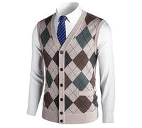 Herothorn Chaleco de Punto para Hombre Argyle Suéter Cárdigan sin Mangas Jersey con Botón Gentleman Clásico Grueso Tank Tops con Cuello en V Otoño Invierno