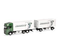 herpa Camión Modelo Scania CR20 HD Remolque de Caja Refrigerada Traveco (Suiza/Sursee), Miniatura a Escala 1:87, Pieza de colección, plástico