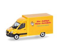 Herpa Coche en Miniatura Mercedes-Benz Sprinter 18 foodtruck Huevos Aves Embutidos Patatas, Miniatura a Escala 1:87, Pieza de colección, Fabricado en Alemania, Modelo de plástico