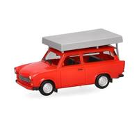 herpa Coche en Miniatura Trabant 601 Universal, Rojo Brillante con Tienda de Techo, Miniatura a Escala 1:87, artículo de colección, Made in Germany, Modelo de plástico