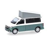Herpa Coche en Miniatura VW T6.1 California, Blanco Candy/Verde Bay Leaf Metalizado, Miniatura a Escala 1:87, Pieza de colección, Fabricado en Alemania, Modelo de plástico