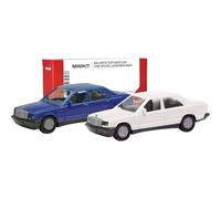 Herpa Juego de 2 maquetas MiniKit Mercedes-Benz 190E, Azul/Blanco clásico, Miniatura a Escala 1:87, Coleccionable, Kit para modelismo, plástico