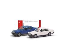 Herpa Juego de 2 maquetas MiniKit Mercedes-Benz 190E, Azul/Blanco clásico, Miniatura a Escala 1:87, Coleccionable, Kit para modelismo, plástico