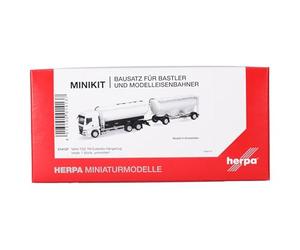 Herpa Kit de modelismo MiniKit Man TGS TM camión Cisterna de Leche con Remolque, Blanco (1 Pieza), Miniatura a Escala 1:87, Pieza de colección, Kit de plástico