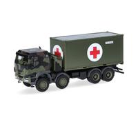 Herpa Miniatura del camión Camión Iveco Trakker 8x8 con contenedor de 20 pies, Escala 1:87, maqueta de colección, modelismo, Modelo alemán, Figura de plástico