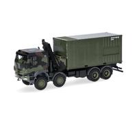 Herpa Miniatura del camión Camión Iveco Trakker 8x8 con grúa y contenedor de 20 pies, Escala 1:87, maqueta de colección, modelismo, Modelo alemán, Figura de plástico