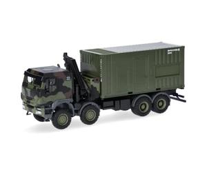 Herpa Miniatura del camión Camión Iveco Trakker 8x8 con grúa y contenedor de 20 pies, Escala 1:87, maqueta de colección, modelismo, Modelo alemán, Figura de plástico