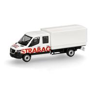 Herpa Miniatura del Coche Mercedes-Benz Sprinter 18 Cabina Doble con Plataforma/Lona STRABAG (Austria/Viena), Escala 1/87, maqueta de colleción, modelismo, Modelo aleman, Figura plástico